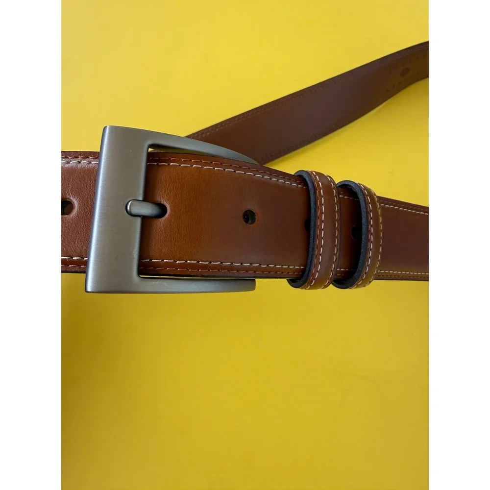 NWOT Joseph Abboud Mens Brown Leather Belt Contrast Stitch Italy 42 Handmade